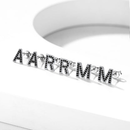 925 Sterling Silver Black CZ Initial Stud Earrings 