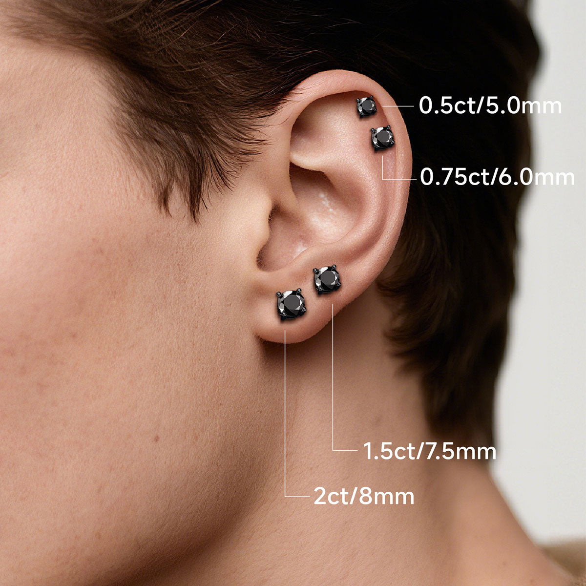 925 Sterling Silver Black CZ Stud Earrings for Men Women in different size