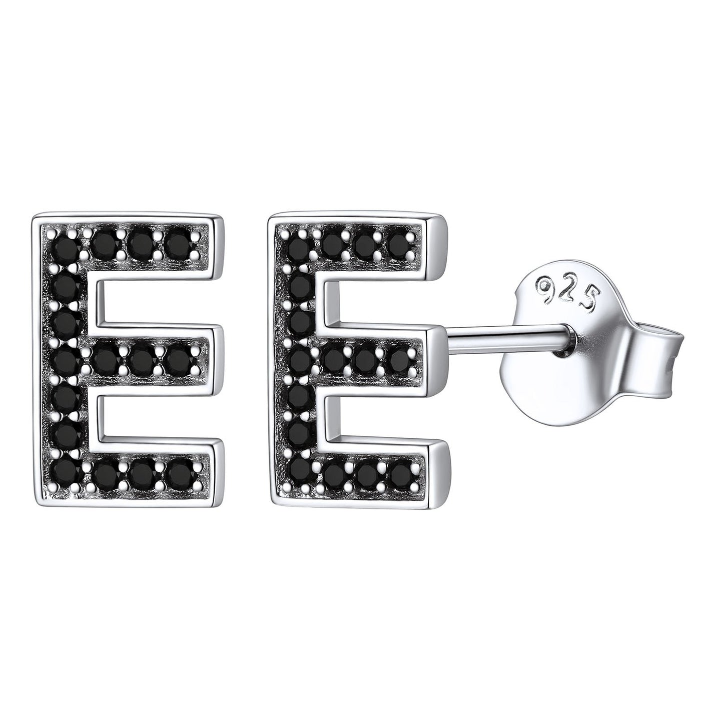 925 Sterling Silver CZ Initial E Stud Earrings
