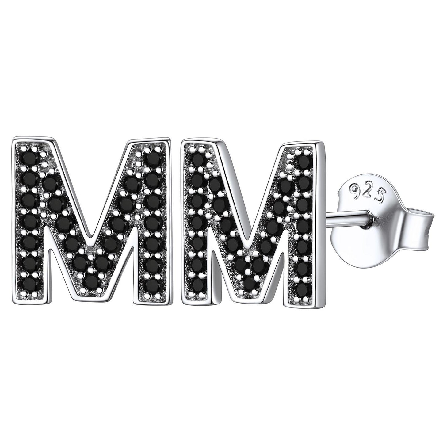 925 Sterling Silver CZ Initial M Stud Earrings