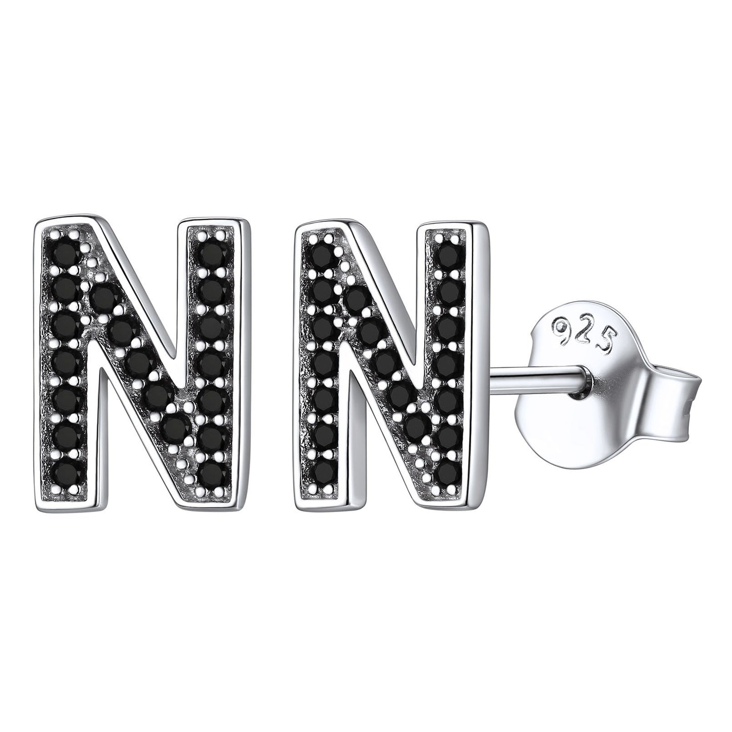 925 Sterling Silver CZ Initial N Stud Earrings