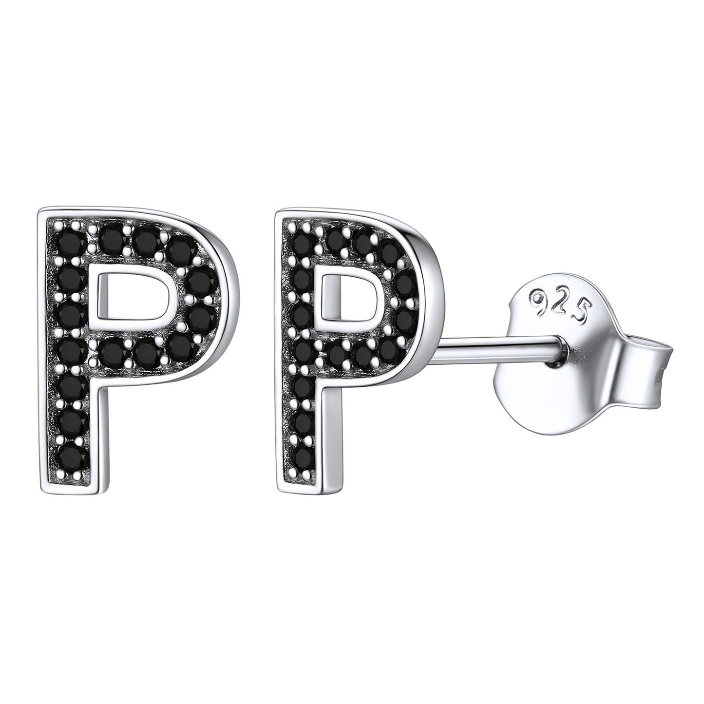 925 Sterling Silver CZ Initial P Stud Earrings