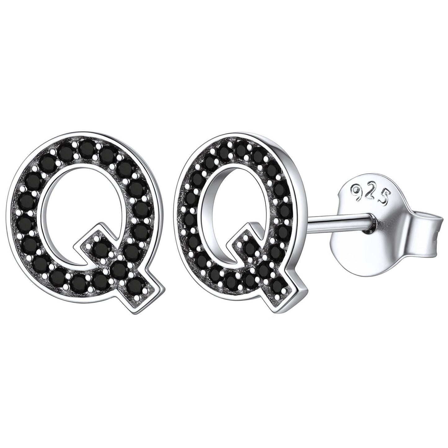 925 Sterling Silver CZ Initial Q Stud Earrings