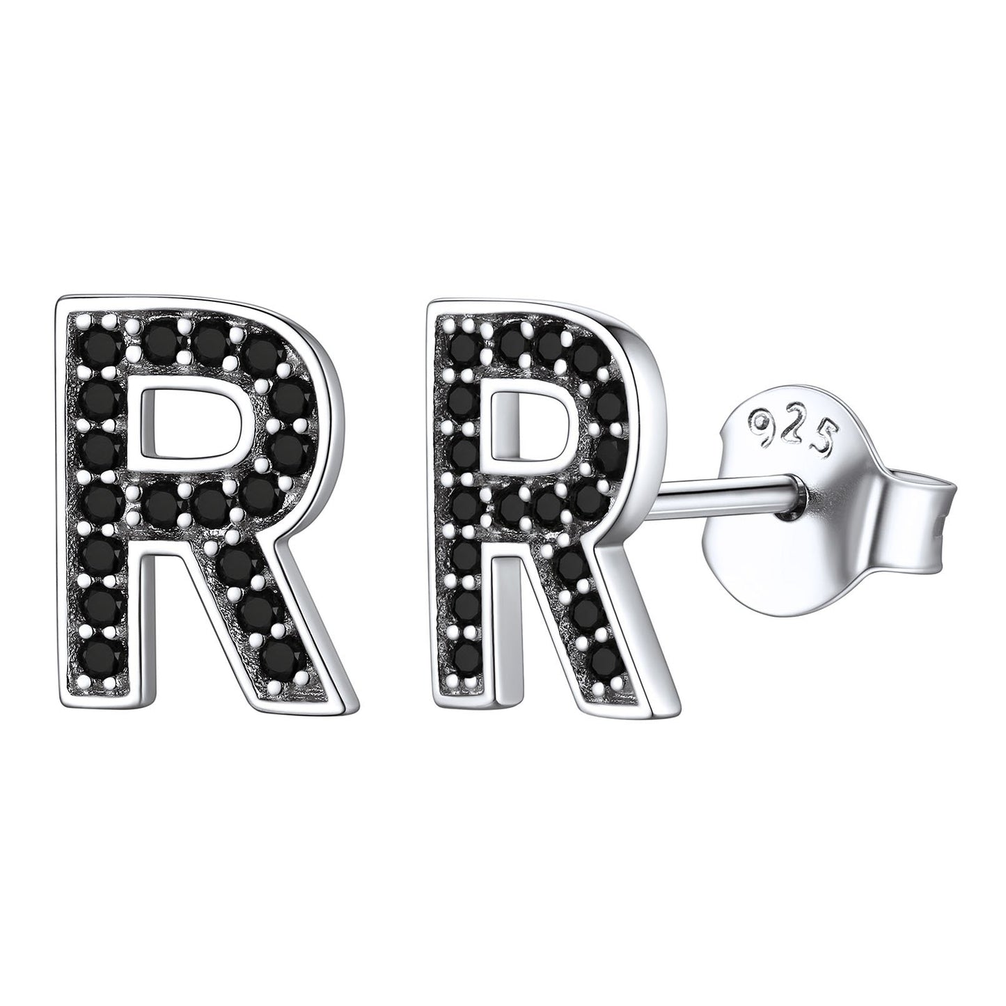 925 Sterling Silver CZ Initial R Stud Earrings