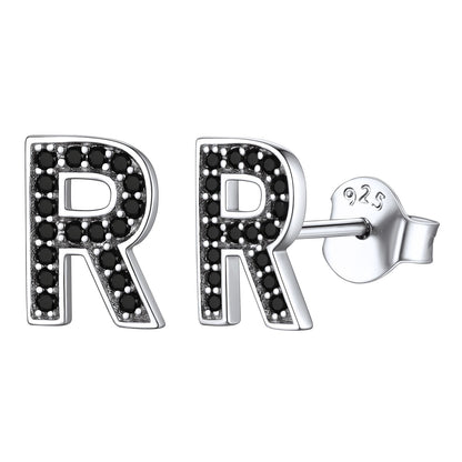 925 Sterling Silver CZ Initial R Stud Earrings