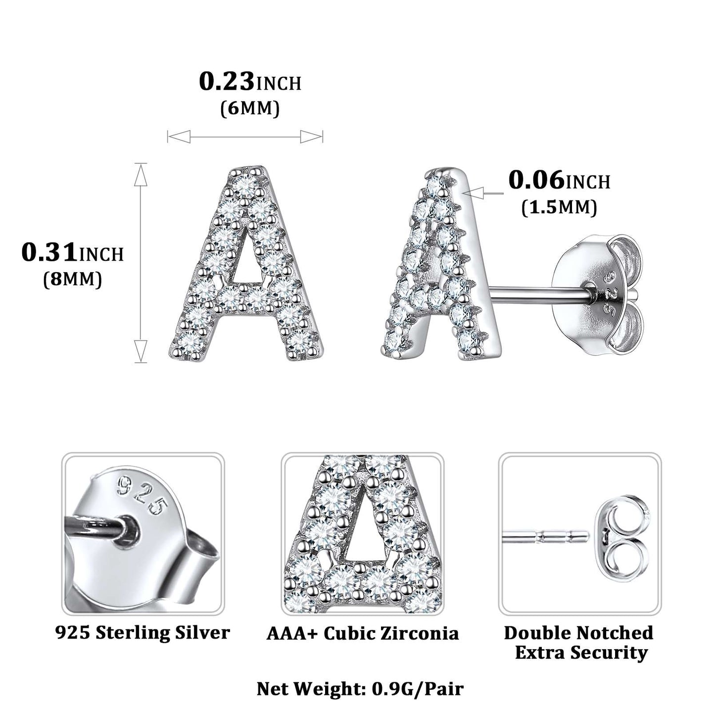 925 Sterling Silver CZ Initial Stud Earrings: Dimension, Hypoallergenic