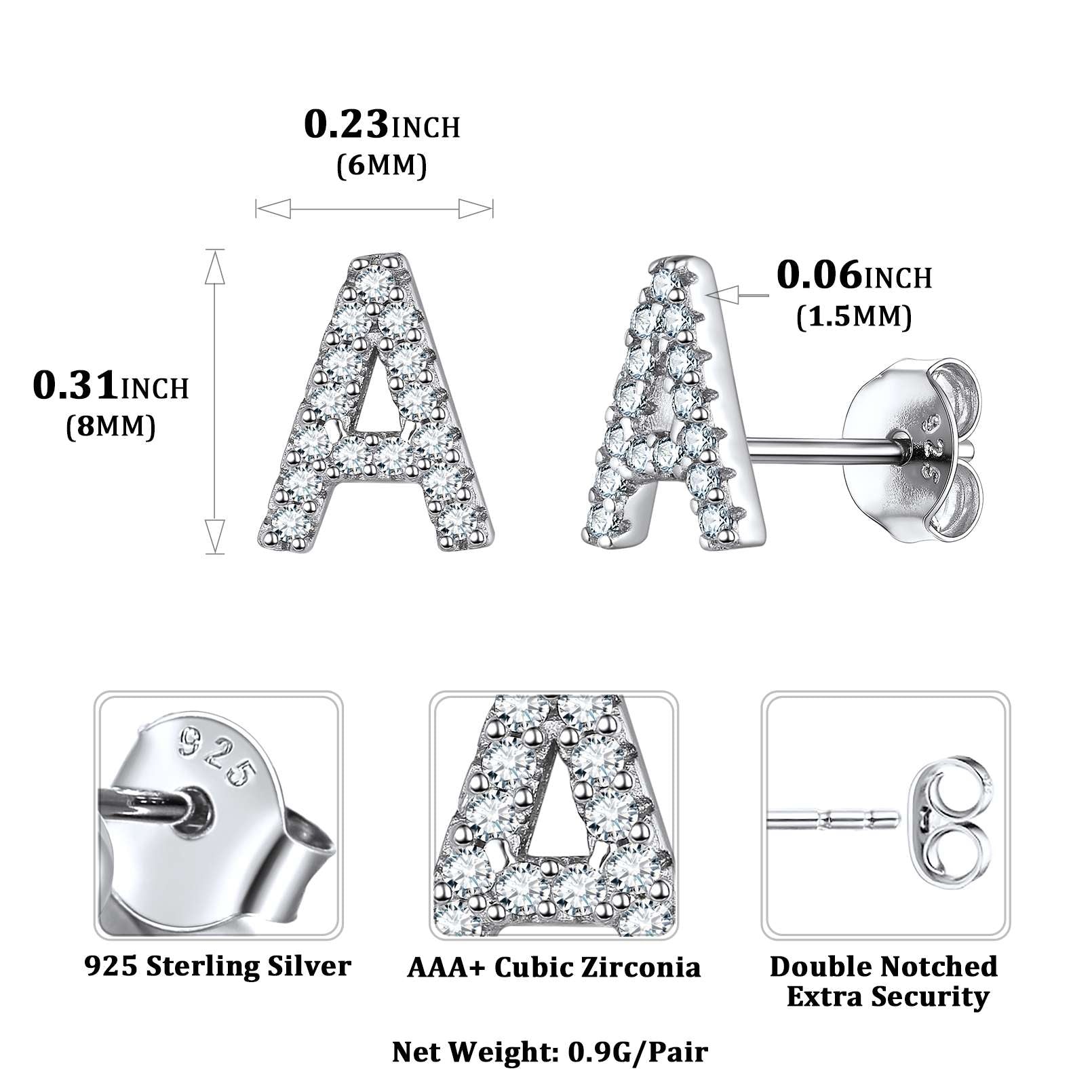 925 Sterling Silver CZ Initial Stud Earrings: Dimension, Hypoallergenic