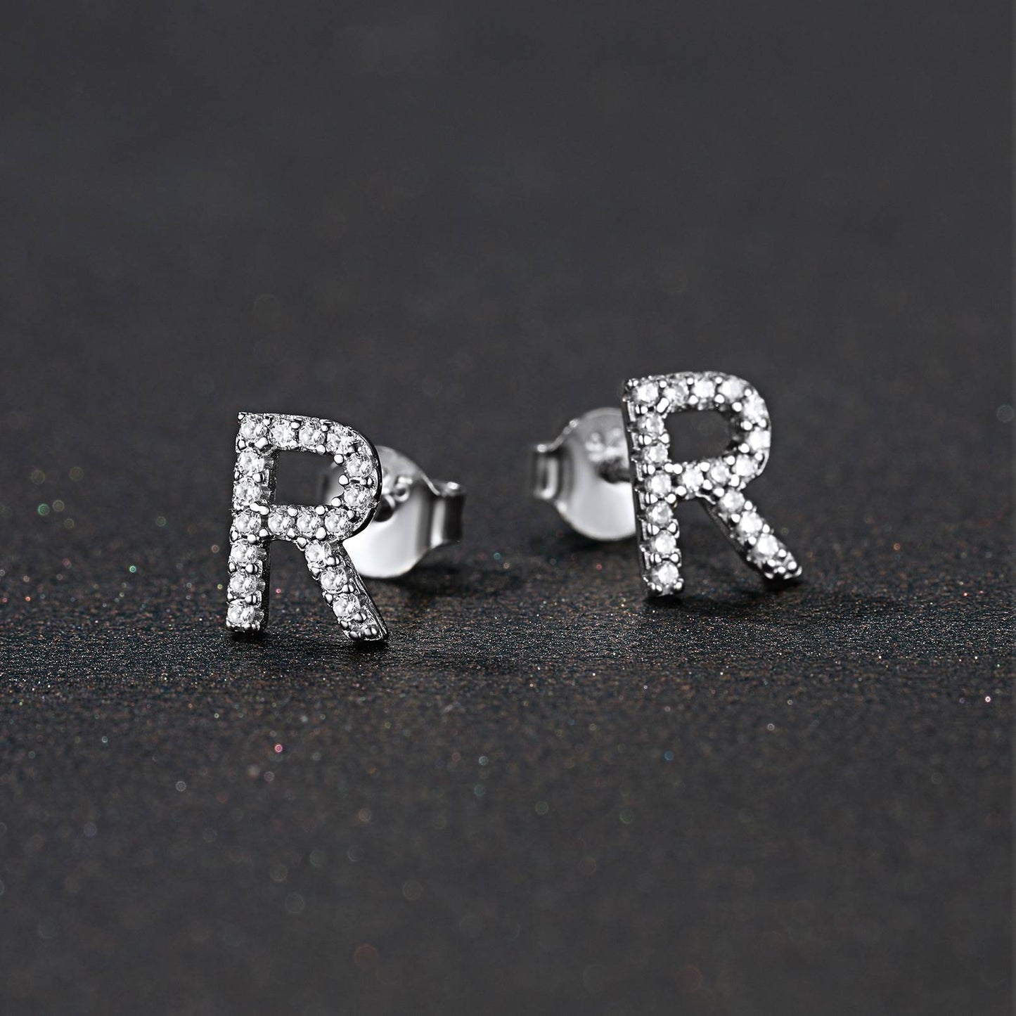 925 Sterling Silver CZ Initial Stud Earrings in Silver
