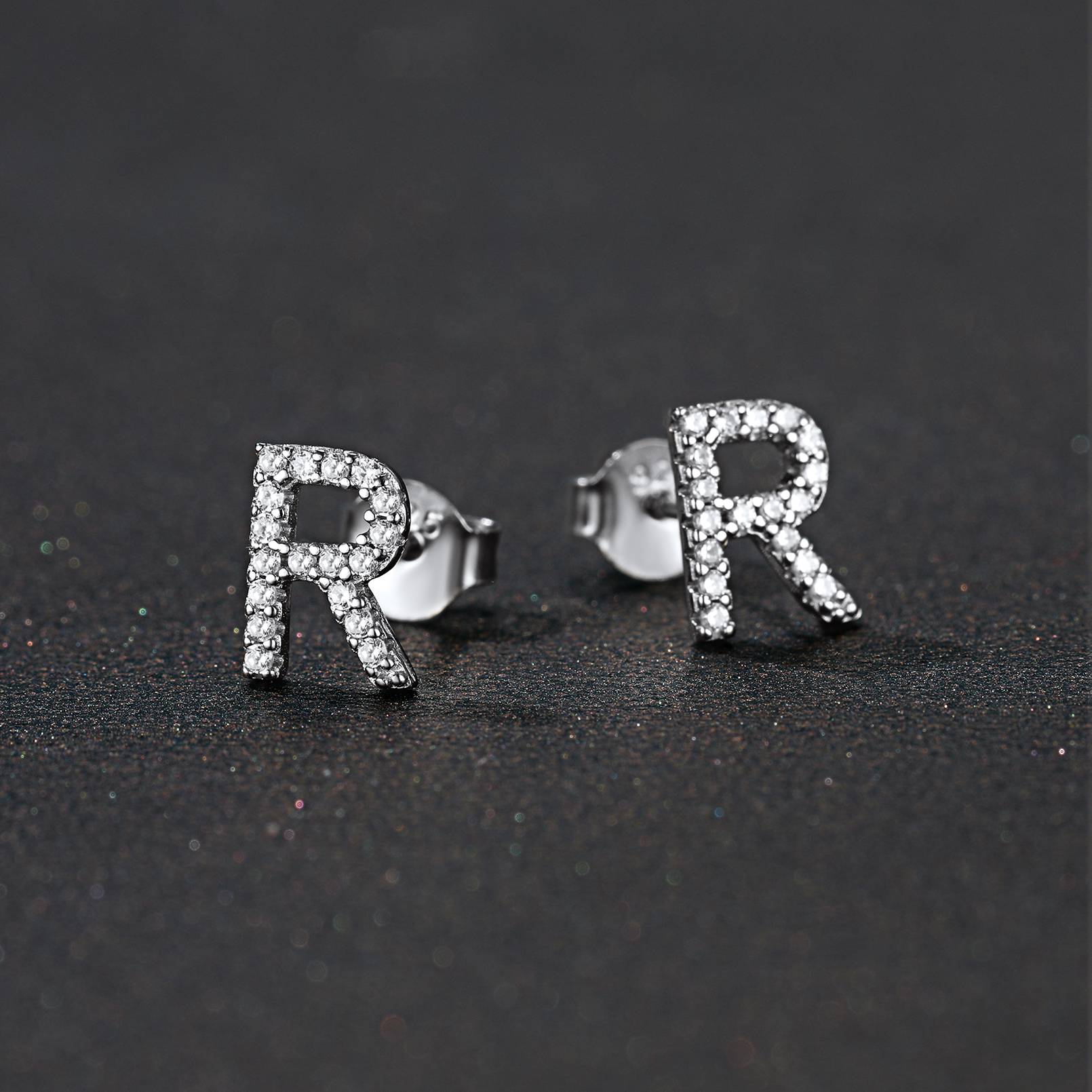 925 Sterling Silver CZ Initial Stud Earrings in Silver