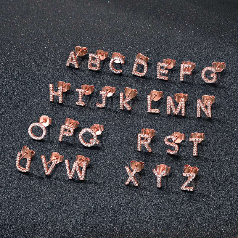 925 Sterling Silver CZ Initial Stud Earrings in different color