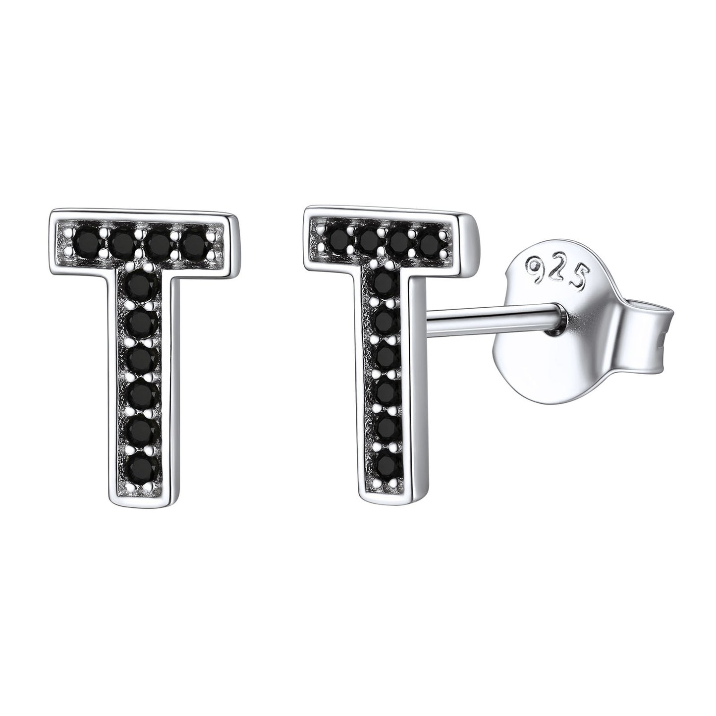 925 Sterling Silver CZ Initial T Stud Earrings