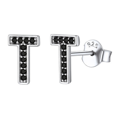 925 Sterling Silver CZ Initial T Stud Earrings