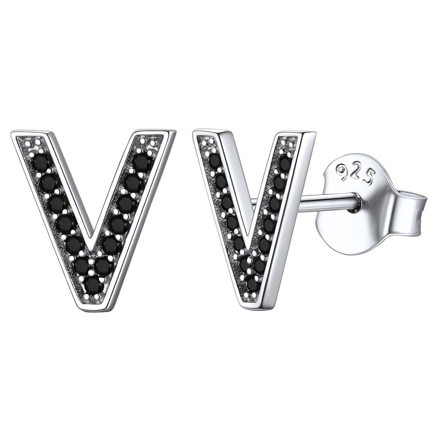 925 Sterling Silver CZ Initial V Stud Earrings