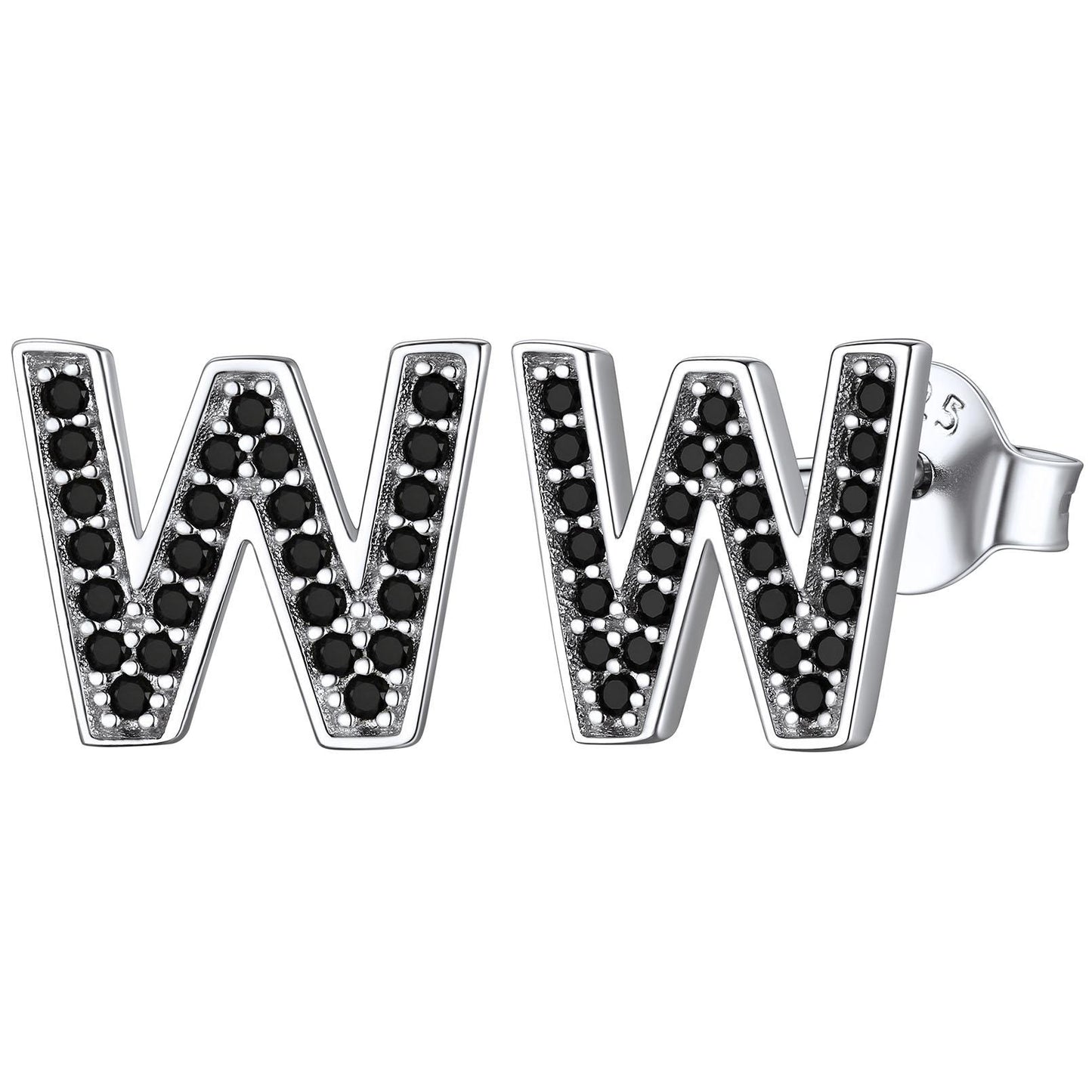 925 Sterling Silver CZ Initial W Stud Earrings