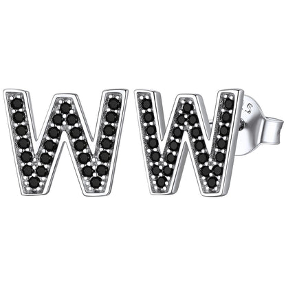 925 Sterling Silver CZ Initial W Stud Earrings