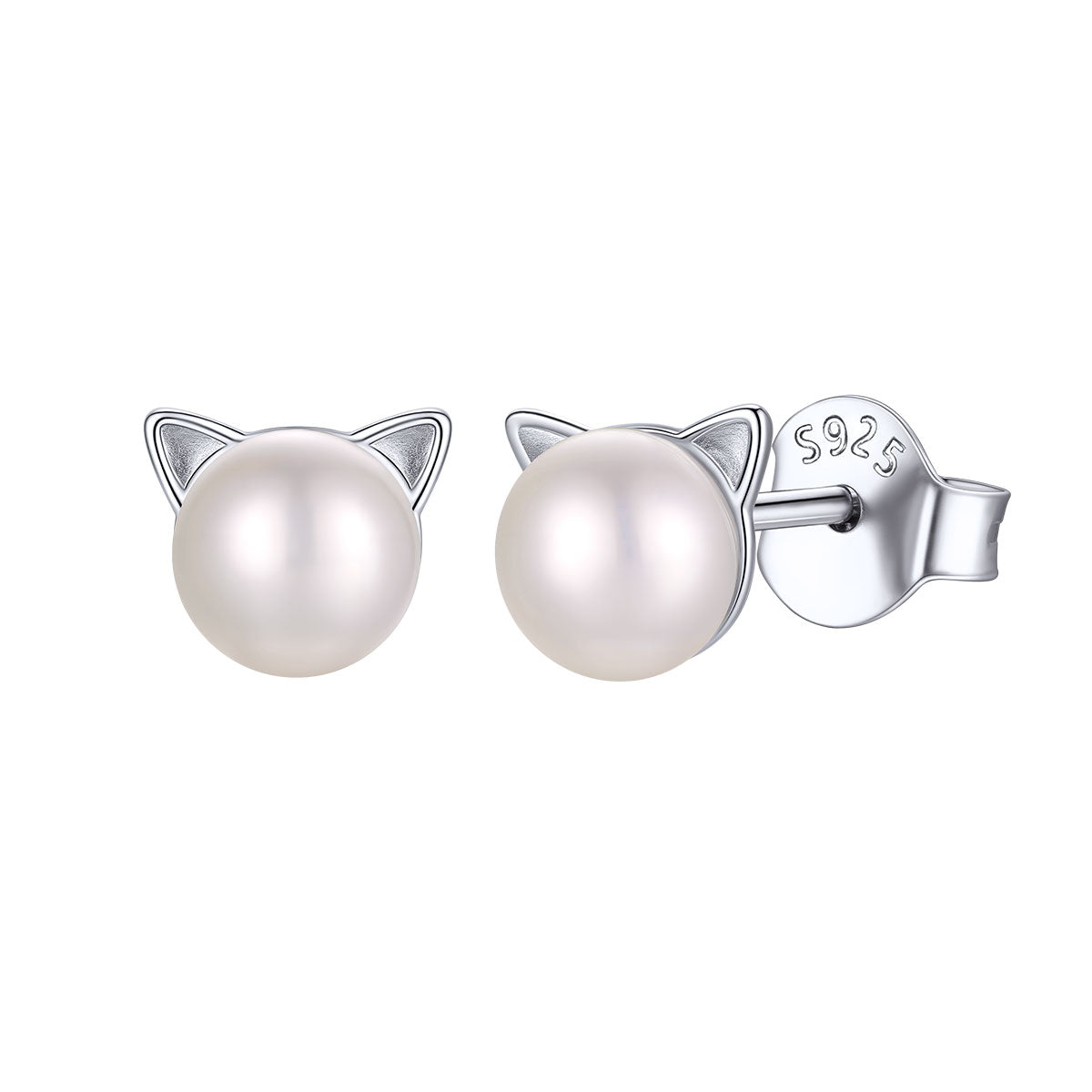 925 Sterling Silver Cat Pearl  Stud Earrings for Women on a white background