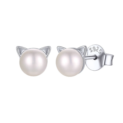925 Sterling Silver Cat Pearl  Stud Earrings for Women on a white background