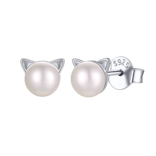 925 Sterling Silver Cat Pearl  Stud Earrings for Women on a white background