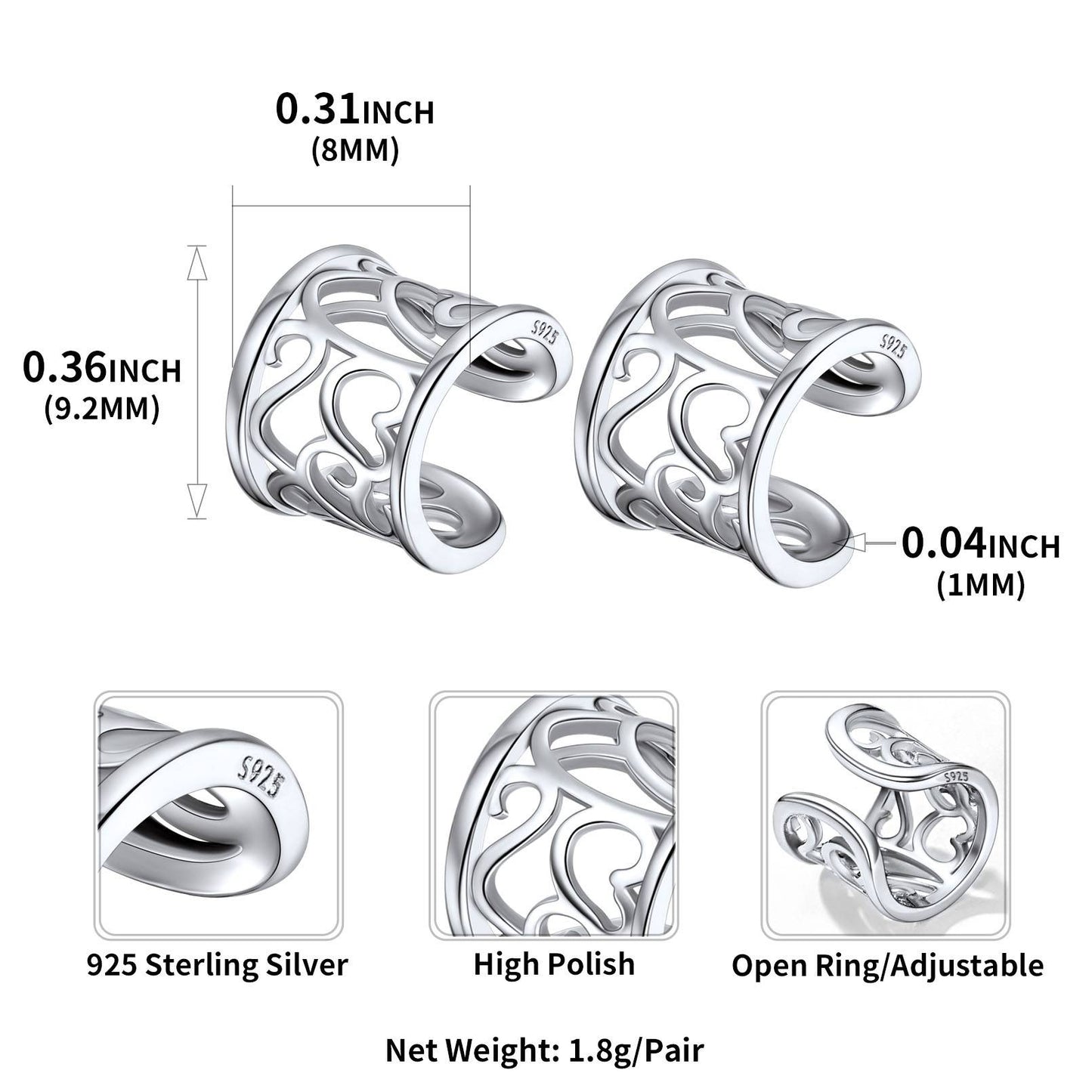 925 Sterling Silver Celtic Ear Cuffs Dimension, Durable, Solid