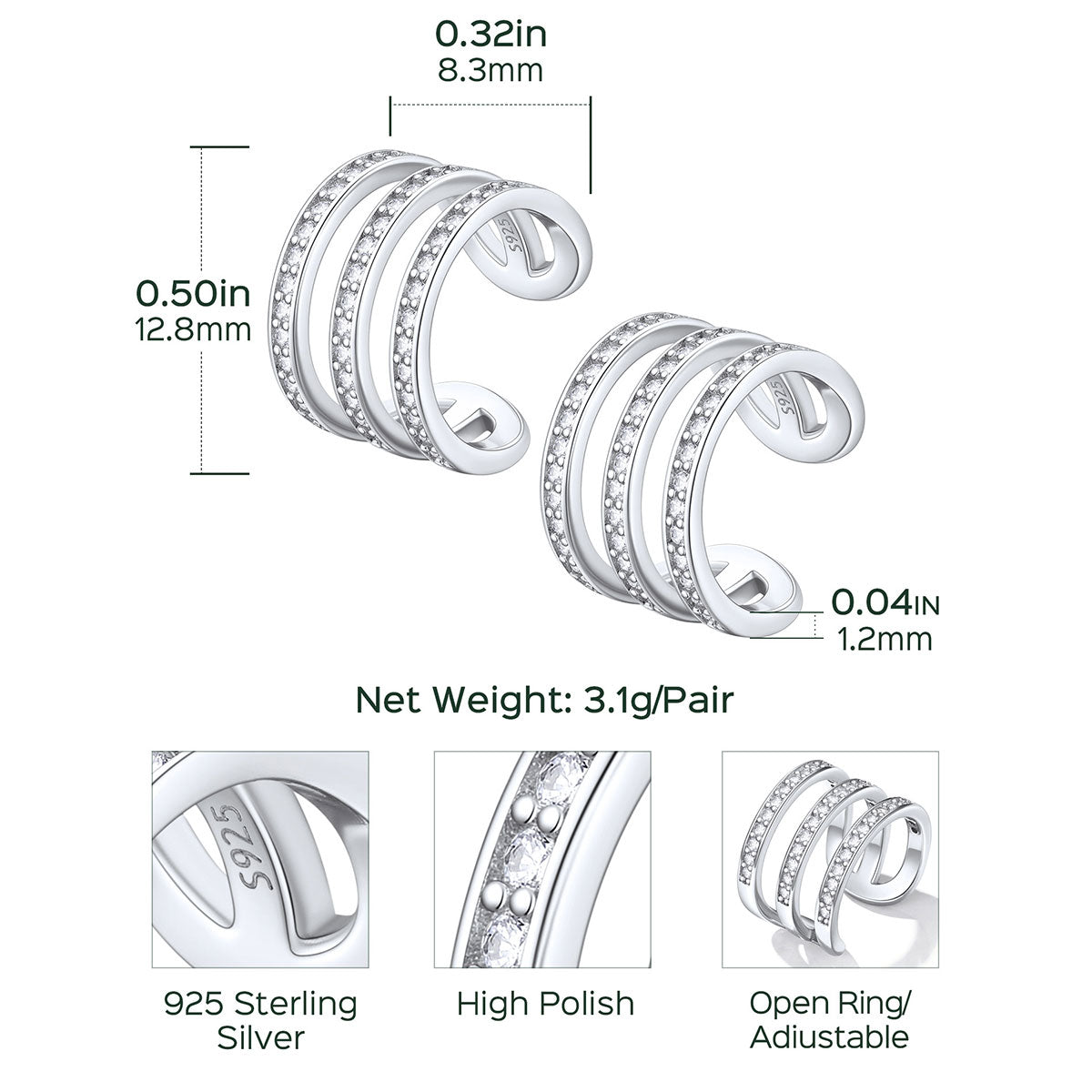 925 Sterling Silver Cubic Zirconia Cuff Earrings Sterling Silver Dimension, Durable, Solid