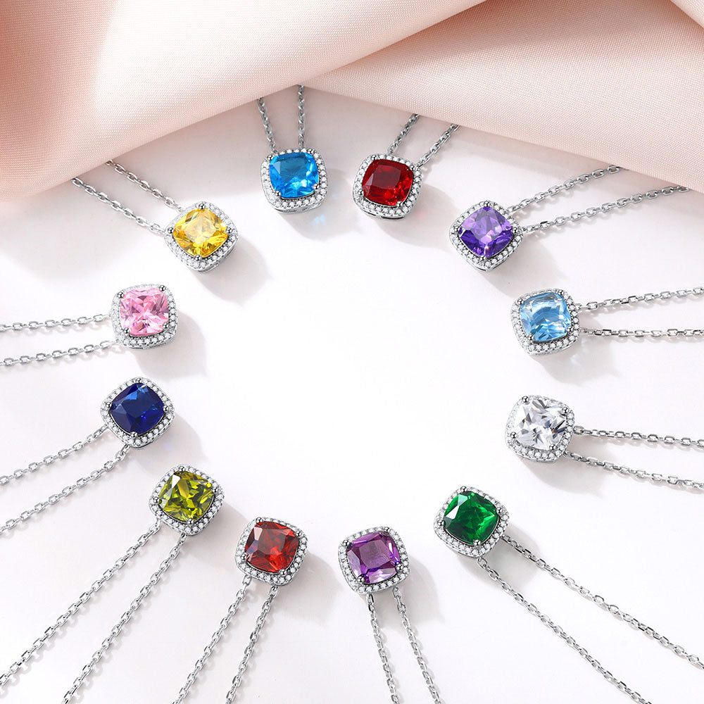 925 Sterling Silver Cushion Birthstone Necklace