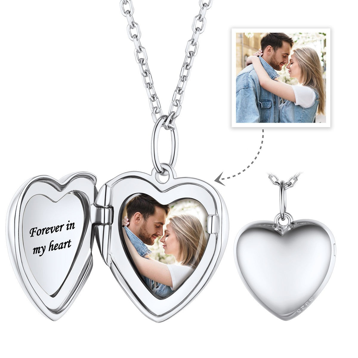 925 Sterling Silver Custom Heart Locket Necklace with Pictures