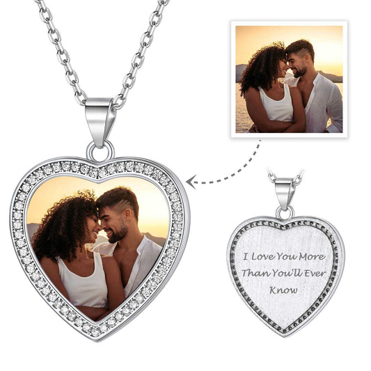 925 Sterling Silver Custom Heart Picture Necklace With Cubic Zirconia
