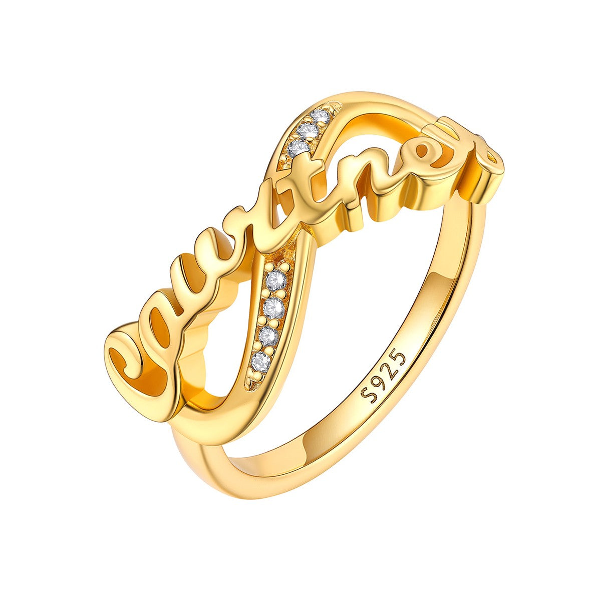 925 Sterling Silver Custom Name Infinity Promise Ring With Cubic Zirconia in Gold on a white background