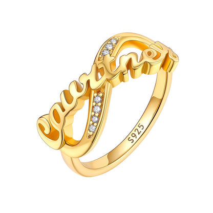 925 Sterling Silver Custom Name Infinity Promise Ring With Cubic Zirconia in Gold on a white background
