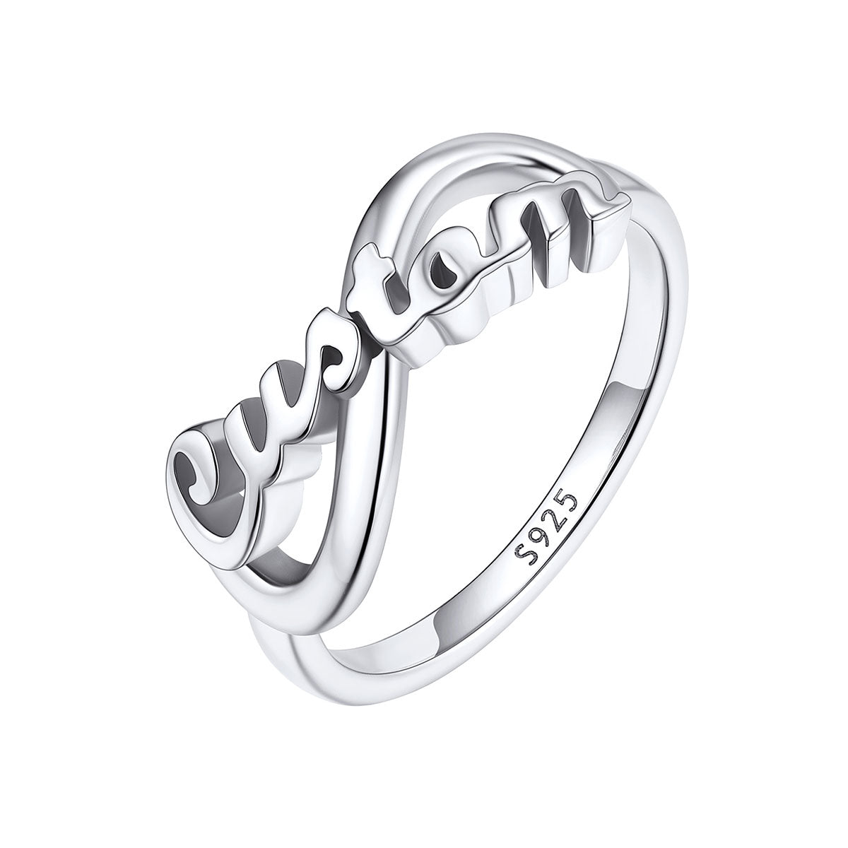 925 Sterling Silver Custom Name Infinity Promise Ring for Women on white stone on a white background