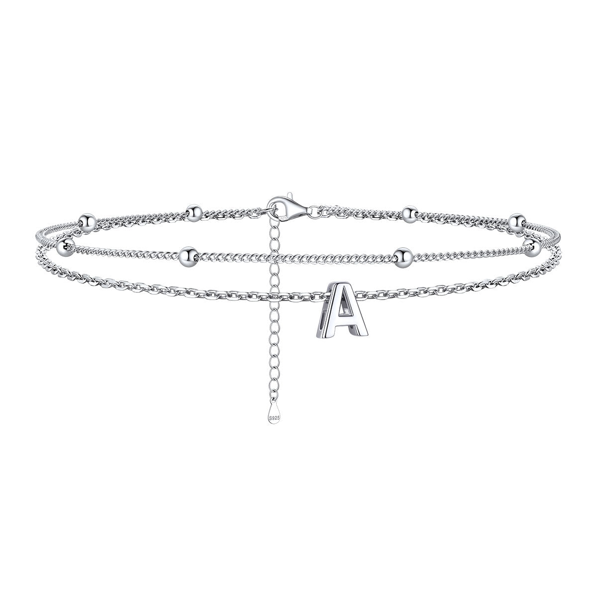 925 Sterling Silver Double Layer Initial Anklets for Women