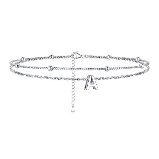 925 Sterling Silver Double Layer Initial Anklets for Women