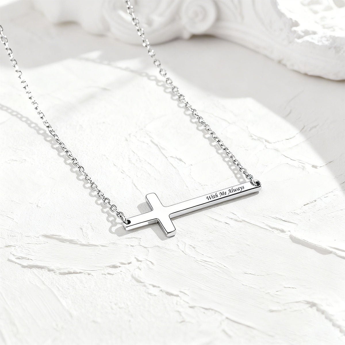 925 Sterling Silver Engraved Sideways Cross Necklace