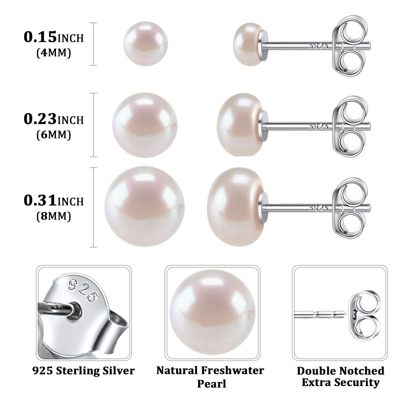 925 Sterling Silver Freshwater Pearl Stud Earrings Dimension, Natural