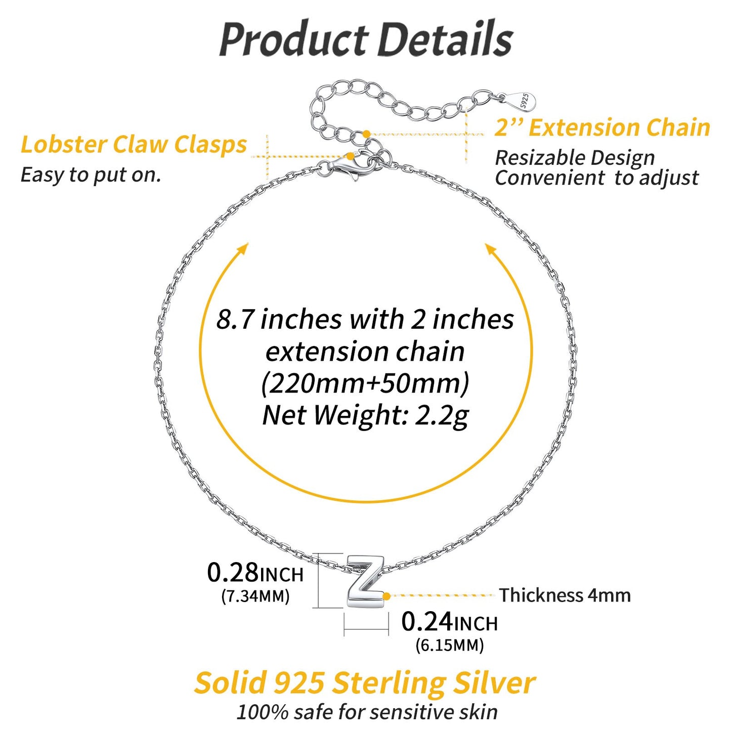 925 Sterling Silver Initial Anklets Dimension, Durable, Hypoallergenic