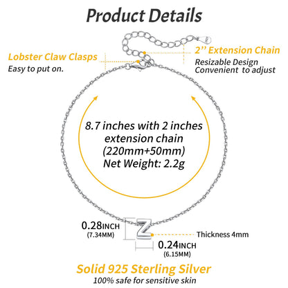 925 Sterling Silver Initial Anklets Dimension, Durable, Hypoallergenic