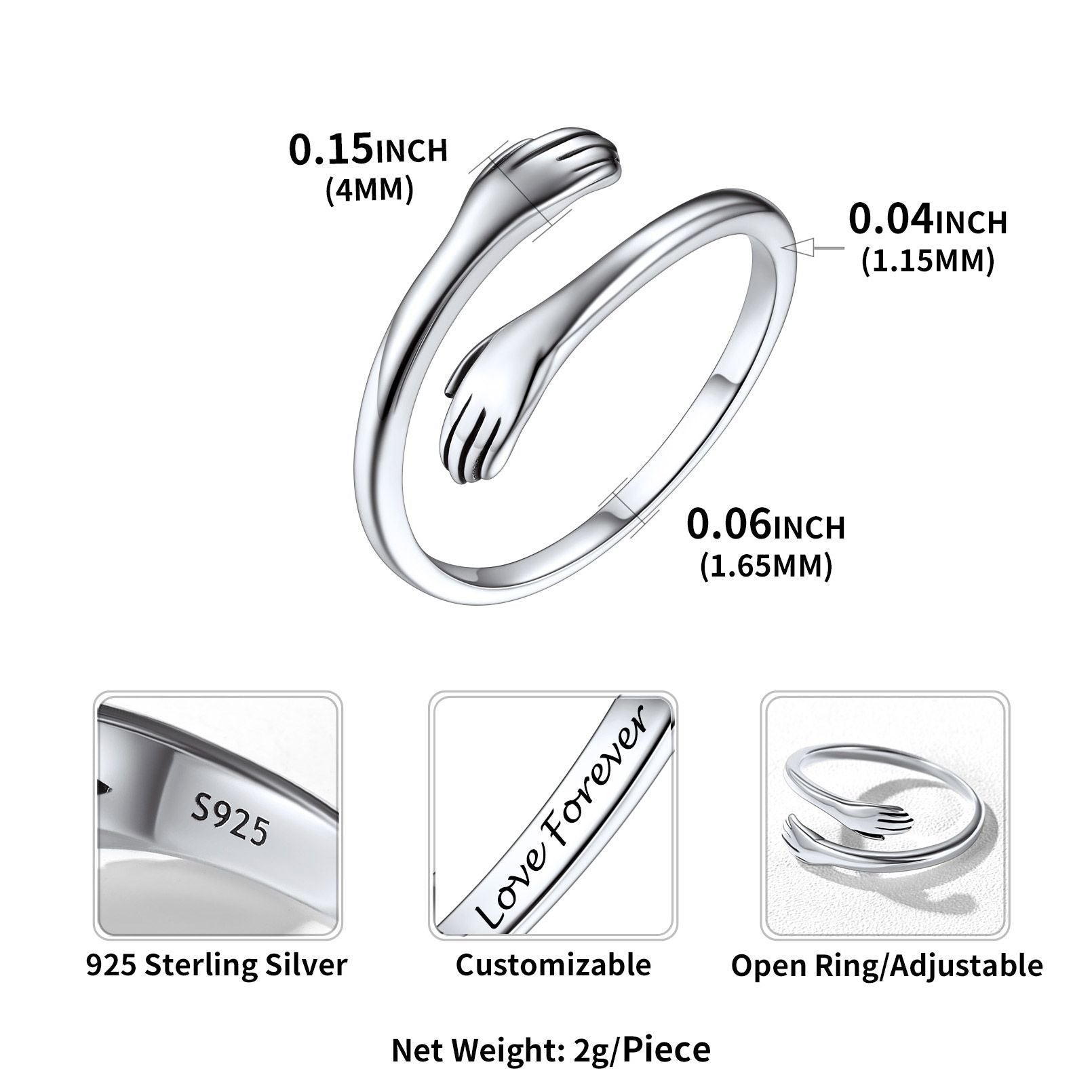 925 Sterling Silver Minimalist Hug Ring Promise Ring Dimension, Hypoallergenic