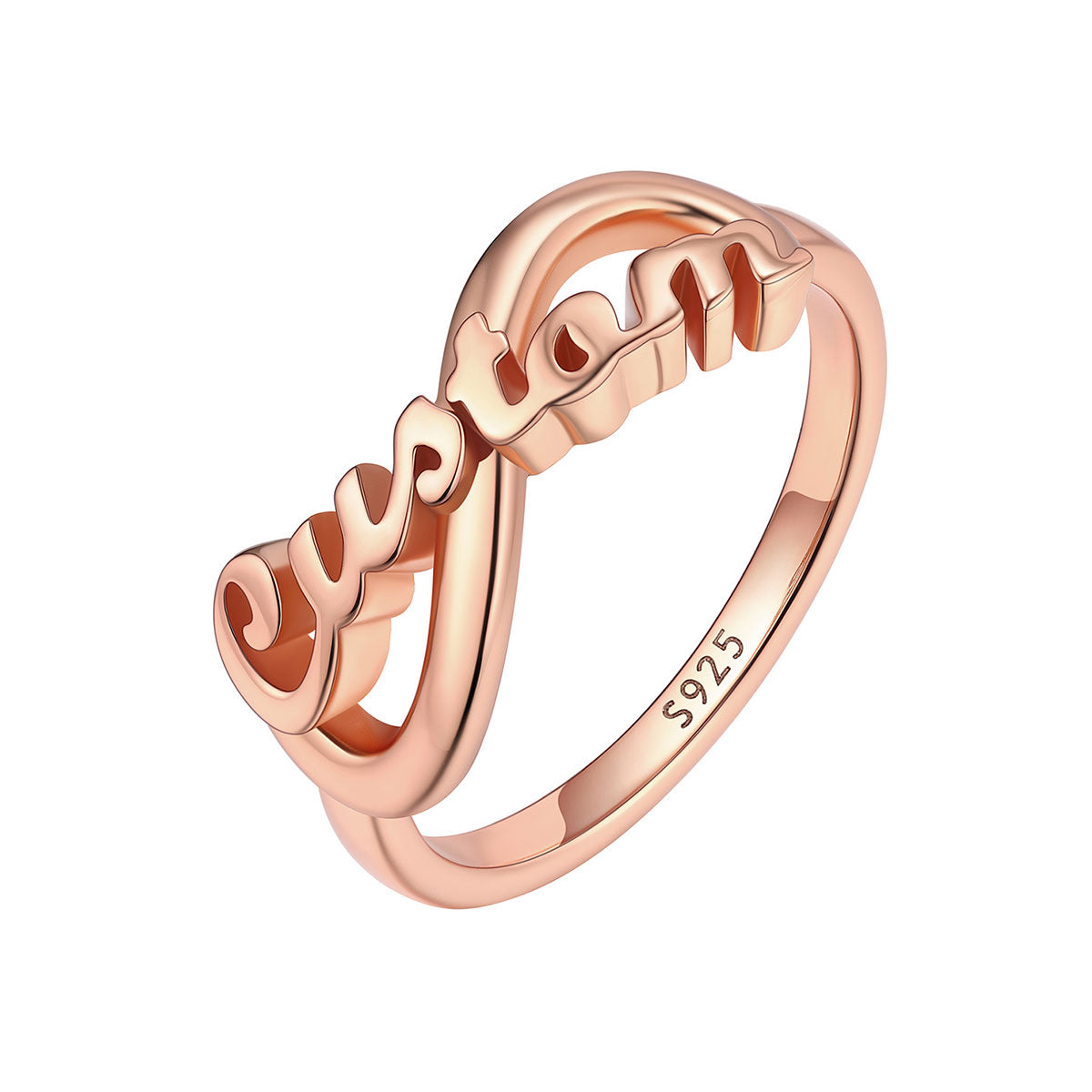 925 Sterling Silver Rose Gold Custom Name Infinity Promise Ring for Women on white stone on a white background