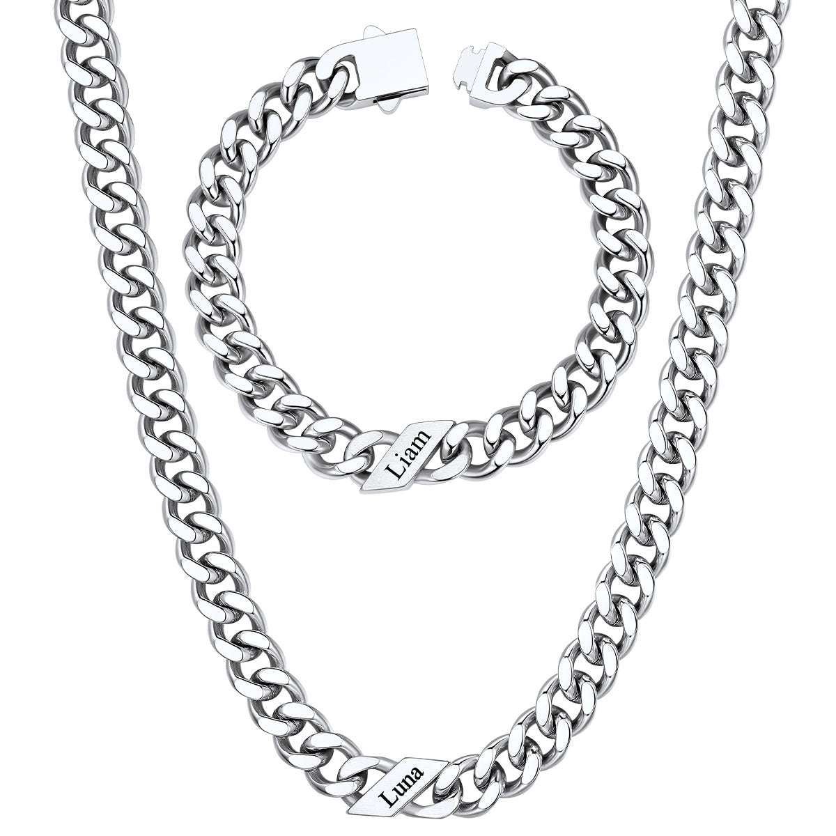 9mm Custom 1 name Name Cuban Link Necklace Bracelet Set on a white background