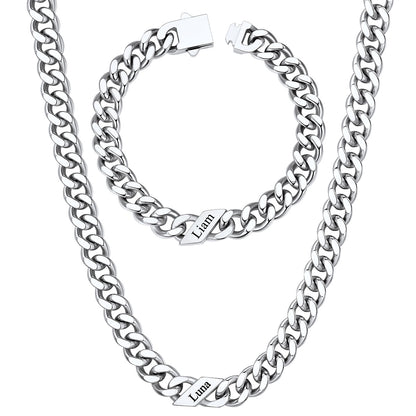 9mm Custom 1 name Name Cuban Link Necklace Bracelet Set on a white background