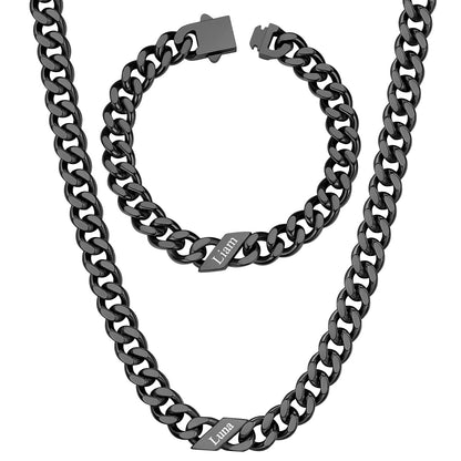 9mm Custom 1 name Name Cuban Link Necklace Bracelet Set on a white background Black Plated