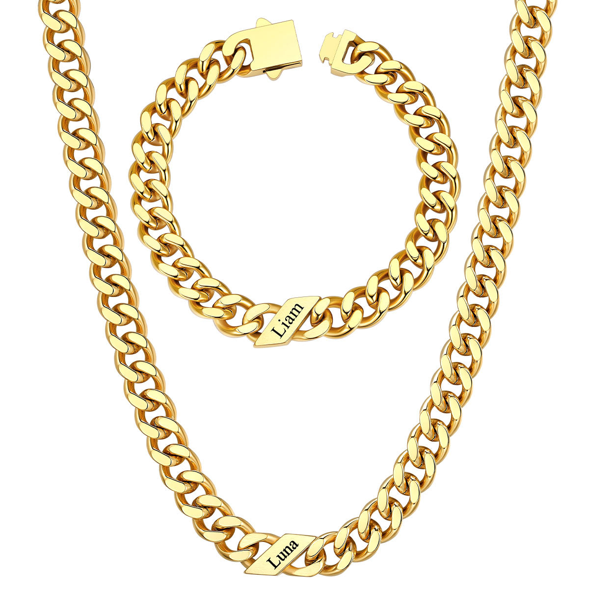 9mm Custom 1 name Name Cuban Link Necklace Bracelet Set on a white background Gold Plated