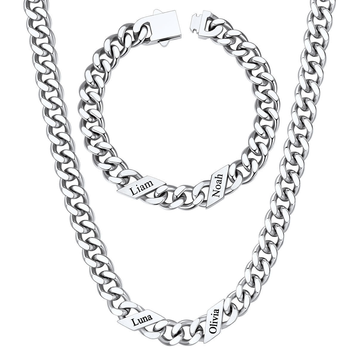 9mm Custom 2 name Name Cuban Link Necklace Bracelet Set on a white background
