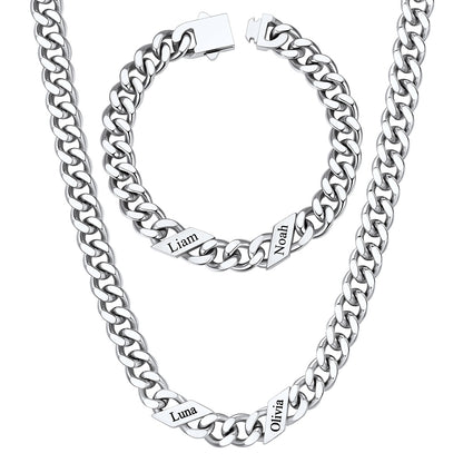 9mm Custom 2 name Name Cuban Link Necklace Bracelet Set on a white background