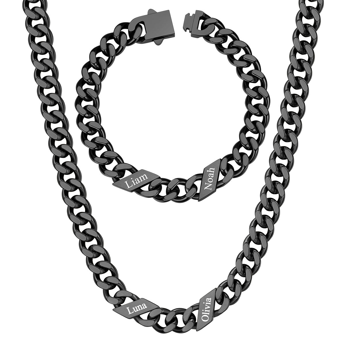 9mm Custom 2 name Name Cuban Link Necklace Bracelet Set on a white background Black Plated