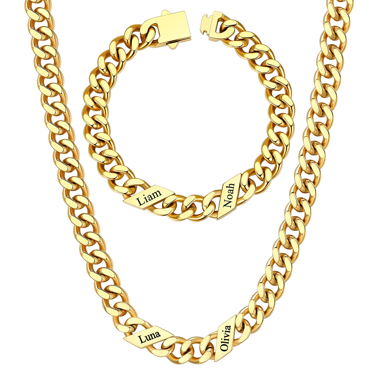 9mm Custom 2 name Name Cuban Link Necklace Bracelet Set on a white background Gold Plated