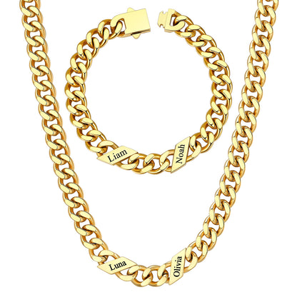 9mm Custom 2 name Name Cuban Link Necklace Bracelet Set on a white background Gold Plated