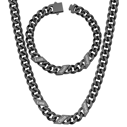 9mm Custom 3 name Name Cuban Link Necklace Bracelet Set on a white background Black Plated