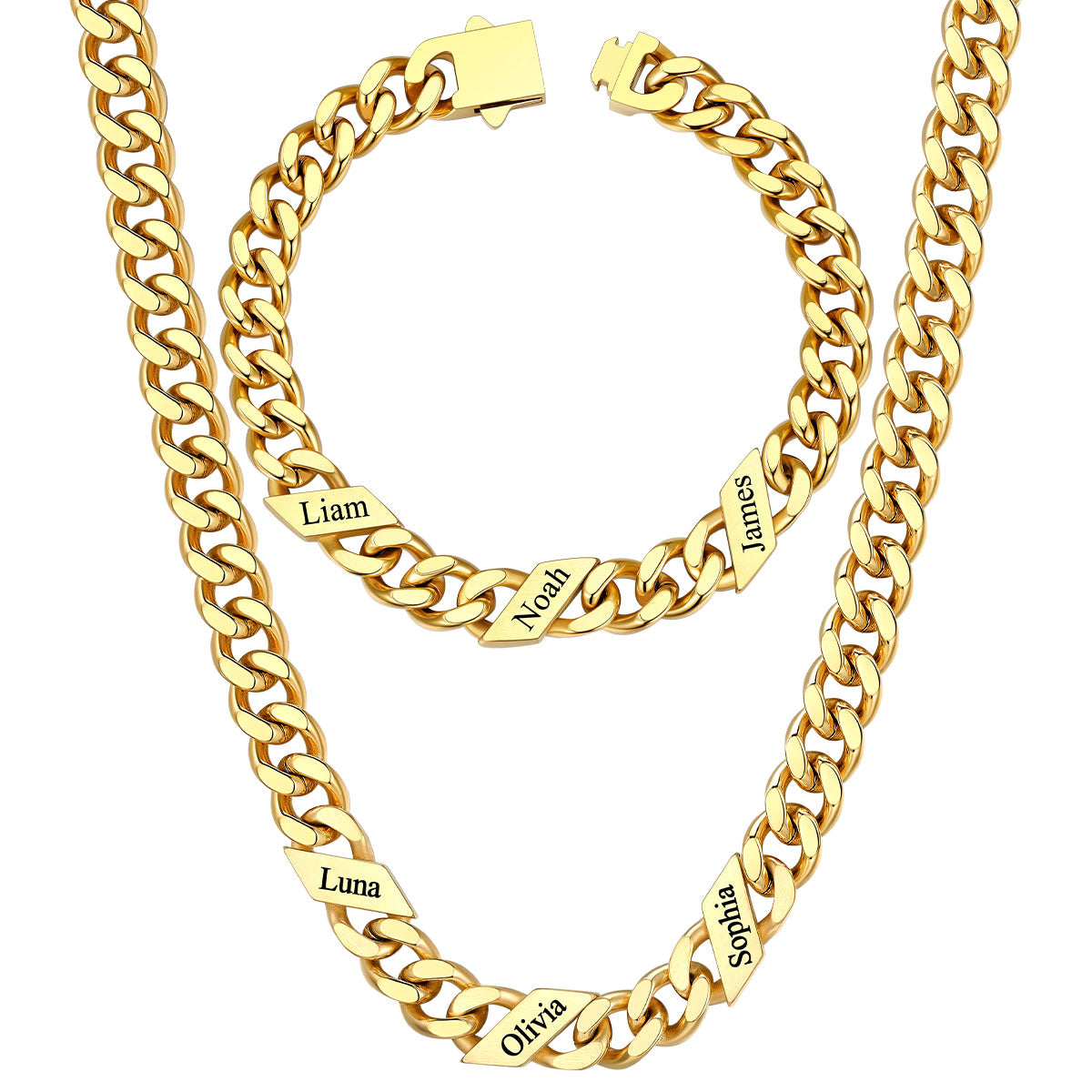 9mm Custom 3 name Name Cuban Link Necklace Bracelet Set on a white background Gold Plated