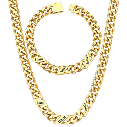 9mm Custom 3 name Name Cuban Link Necklace Bracelet Set on a white background Gold Plated